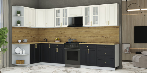 Изображение товара Кухонный гарнитур Интерлиния Мила Шато 1.5x3.4 LV (белый/черный/дуб бунратти)