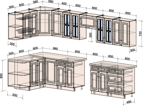 Изображение товара Кухонный гарнитур Интерлиния Мила Шато 1.5x3.4 LV (белый/черный/дуб бунратти)