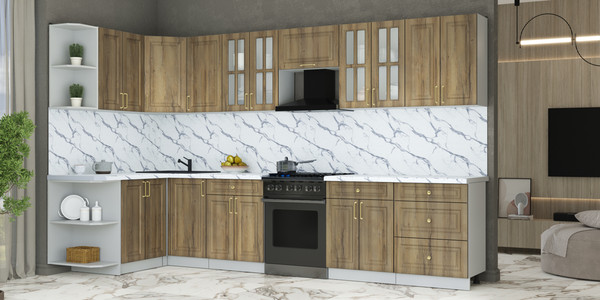 Изображение товара Кухонный гарнитур Интерлиния Мила Шато 1.5x3.4 LV (дуб вотан/дуб вотан/белый гранит)