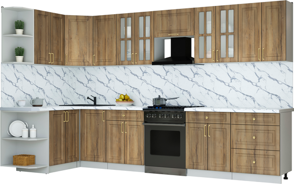 Изображение товара Кухонный гарнитур Интерлиния Мила Шато 1.5x3.4 LV (дуб вотан/дуб вотан/белый гранит)