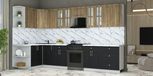 Изображение товара Кухонный гарнитур Интерлиния Мила Шато 1.5x3.4 LV (дуб вотан/черный/белый гранит)