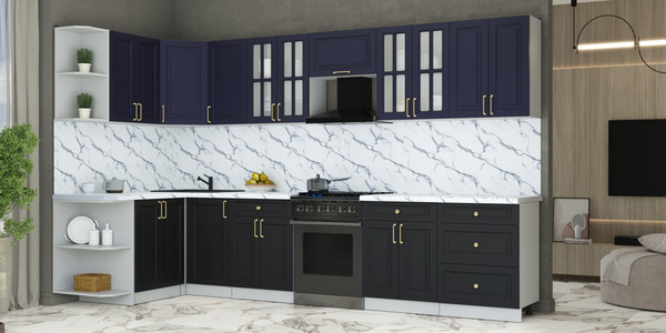 Изображение товара Кухонный гарнитур Интерлиния Мила Шато 1.5x3.4 LV (индиго/черный/белый гранит)