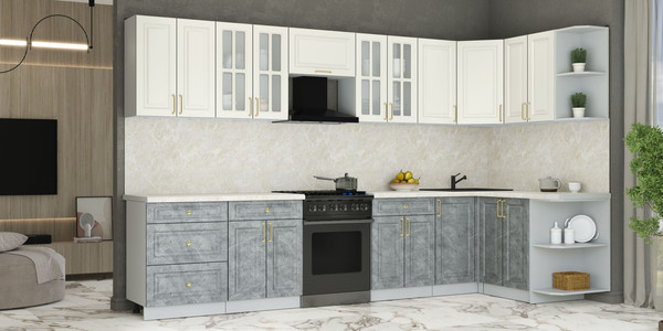 Изображение товара Кухонный гарнитур Интерлиния Мила Шато 1.5x3.4 PR (белый/керамика/опал светлый)