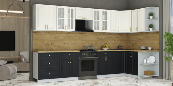 Изображение товара Кухонный гарнитур Интерлиния Мила Шато 1.5x3.4 PR (белый/черный/дуб бунратти)