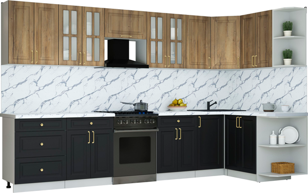 Изображение товара Кухонный гарнитур Интерлиния Мила Шато 1.5x3.4 PR (дуб вотан/черный/белый гранит)