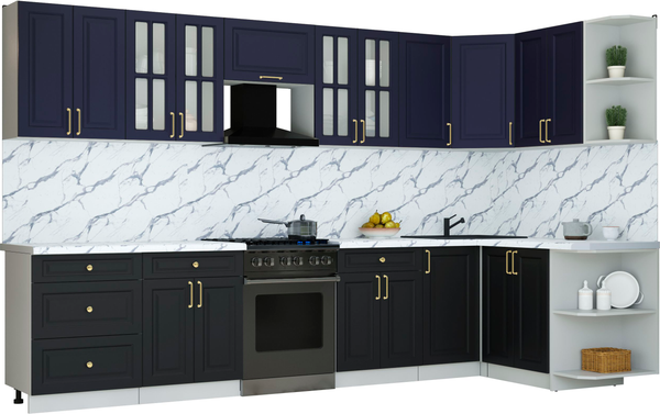 Изображение товара Кухонный гарнитур Интерлиния Мила Шато 1.5x3.4 PR (индиго/черный/белый гранит)
