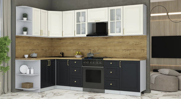 Изображение товара Кухонный гарнитур Интерлиния Мила Шато 1.5x2.9 LV (белый/черный/дуб бунратти)