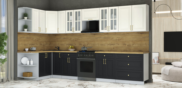 Изображение товара Кухонный гарнитур Интерлиния Мила Шато 1.5x3.5 LV (белый/черный/дуб бунратти)