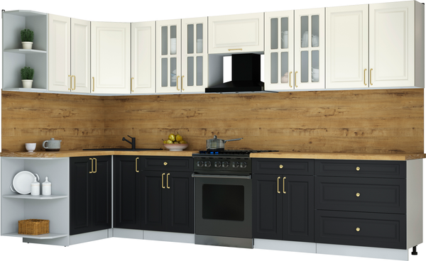 Изображение товара Кухонный гарнитур Интерлиния Мила Шато 1.5x3.5 LV (белый/черный/дуб бунратти)