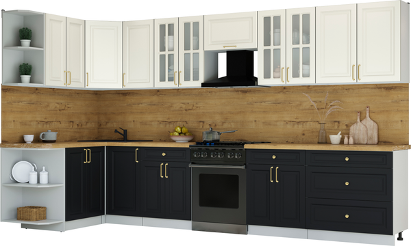 Изображение товара Кухонный гарнитур Интерлиния Мила Шато 1.5x3.6 LV (белый/черный/дуб бунратти)