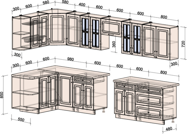 Изображение товара Кухонный гарнитур Интерлиния Мила Шато 1.5x3.6 LV (керамика/керамика/опал светлый)