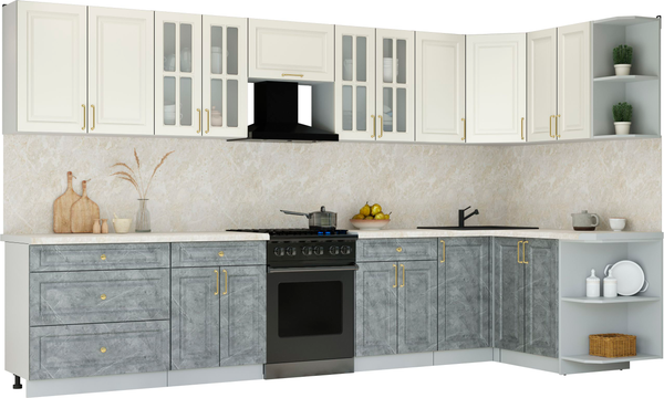 Изображение товара Кухонный гарнитур Интерлиния Мила Шато 1.5x3.6 PR (белый/керамика/опал светлый)