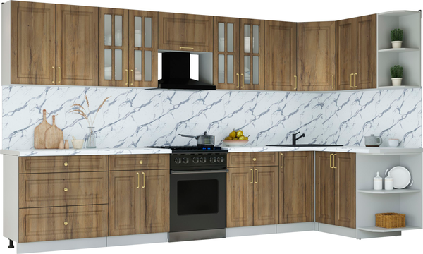 Изображение товара Кухонный гарнитур Интерлиния Мила Шато 1.5x3.6 PR (дуб вотан/дуб вотан/белый гранит)