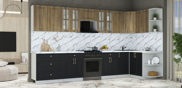 Изображение товара Кухонный гарнитур Интерлиния Мила Шато 1.5x3.6 PR (дуб вотан/черный/белый гранит)