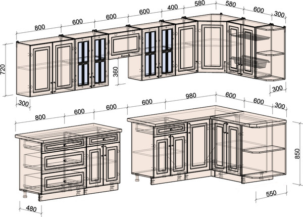 Изображение товара Кухонный гарнитур Интерлиния Мила Шато 1.5x3.6 PR (луна/дуб вотан/опал светлый)