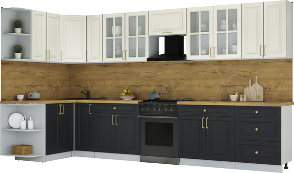 Изображение товара Кухонный гарнитур Интерлиния Мила Шато 1.5x3.7 LV (белый/черный/дуб бунратти)