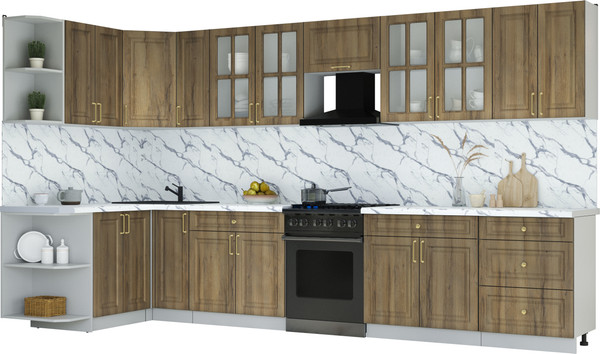 Изображение товара Кухонный гарнитур Интерлиния Мила Шато 1.5x3.7 LV (дуб вотан/дуб вотан/белый гранит)