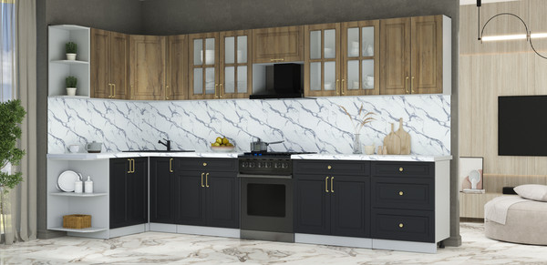 Изображение товара Кухонный гарнитур Интерлиния Мила Шато 1.5x3.7 LV (дуб вотан/черный/белый гранит)