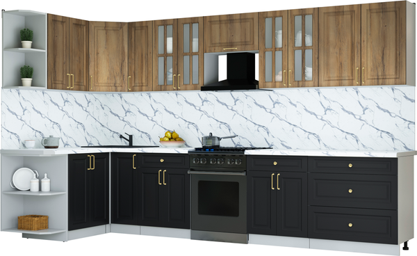 Изображение товара Кухонный гарнитур Интерлиния Мила Шато 1.5x3.5 LV (дуб вотан/черный/белый гранит)