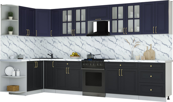 Изображение товара Кухонный гарнитур Интерлиния Мила Шато 1.5x3.7 LV (индиго/черный/белый гранит)