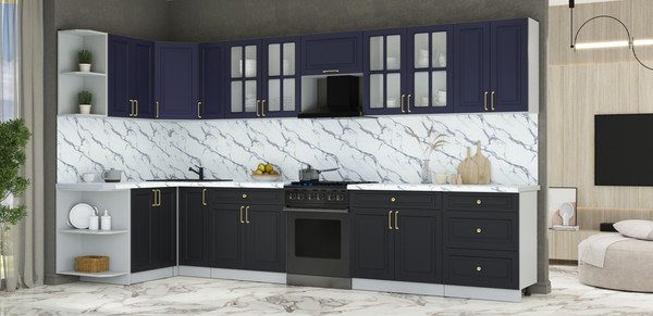Изображение товара Кухонный гарнитур Интерлиния Мила Шато 1.5x3.7 LV (индиго/черный/белый гранит)