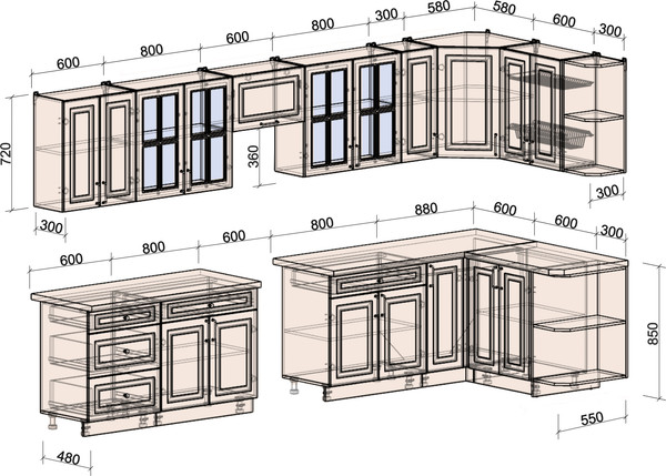 Изображение товара Кухонный гарнитур Интерлиния Мила Шато 1.5x3.7 PR (дуб вотан/луна/опал светлый)