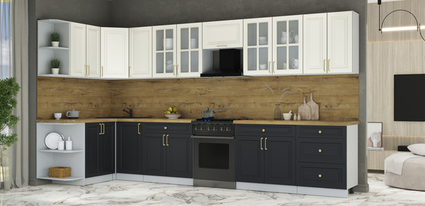 Изображение товара Кухонный гарнитур Интерлиния Мила Шато 1.5x3.8 LV (белый/черный/дуб бунратти)