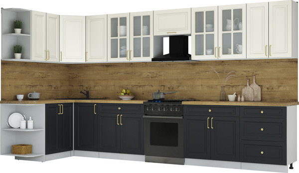 Изображение товара Кухонный гарнитур Интерлиния Мила Шато 1.5x3.8 LV (белый/черный/дуб бунратти)