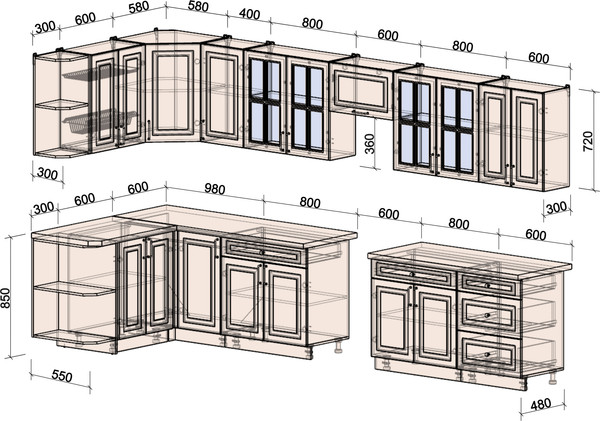 Изображение товара Кухонный гарнитур Интерлиния Мила Шато 1.5x3.8 LV (океан/керамика/опал светлый)