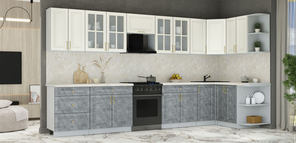 Изображение товара Кухонный гарнитур Интерлиния Мила Шато 1.5x3.8 PR (белый/керамика/опал светлый)