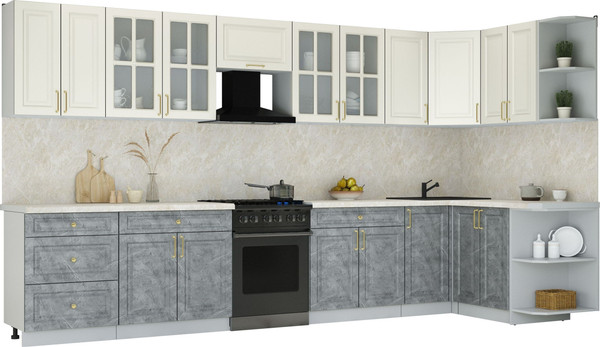 Изображение товара Кухонный гарнитур Интерлиния Мила Шато 1.5x3.8 PR (белый/керамика/опал светлый)