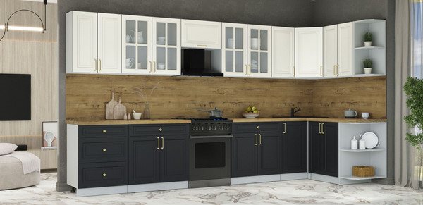 Изображение товара Кухонный гарнитур Интерлиния Мила Шато 1.5x3.8 PR (белый/черный/дуб бунратти)