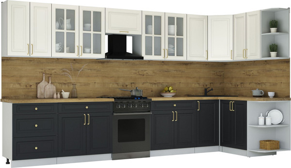 Изображение товара Кухонный гарнитур Интерлиния Мила Шато 1.5x3.8 PR (белый/черный/дуб бунратти)