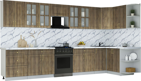 Изображение товара Кухонный гарнитур Интерлиния Мила Шато 1.5x3.8 PR (дуб вотан/дуб вотан/белый гранит)