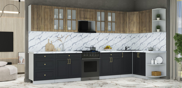 Изображение товара Кухонный гарнитур Интерлиния Мила Шато 1.5x3.8 PR (дуб вотан/черный/белый гранит)