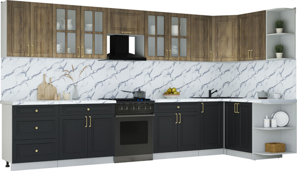 Изображение товара Кухонный гарнитур Интерлиния Мила Шато 1.5x3.8 PR (дуб вотан/черный/белый гранит)