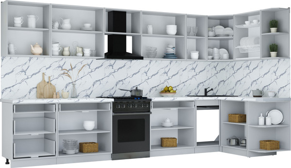 Изображение товара Кухонный гарнитур Интерлиния Мила Шато 1.5x3.8 PR (дуб вотан/черный/белый гранит)