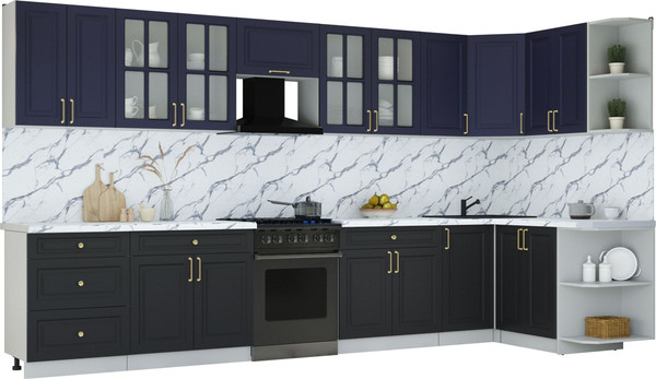 Изображение товара Кухонный гарнитур Интерлиния Мила Шато 1.5x3.8 PR (индиго/черный/белый гранит)
