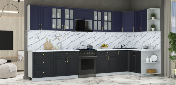 Изображение товара Кухонный гарнитур Интерлиния Мила Шато 1.5x3.8 PR (индиго/черный/белый гранит)
