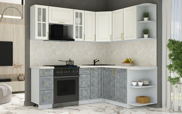 Изображение товара Кухонный гарнитур Интерлиния Мила Шато 1.7x2.1 PR (белый/керамика/опал светлый)