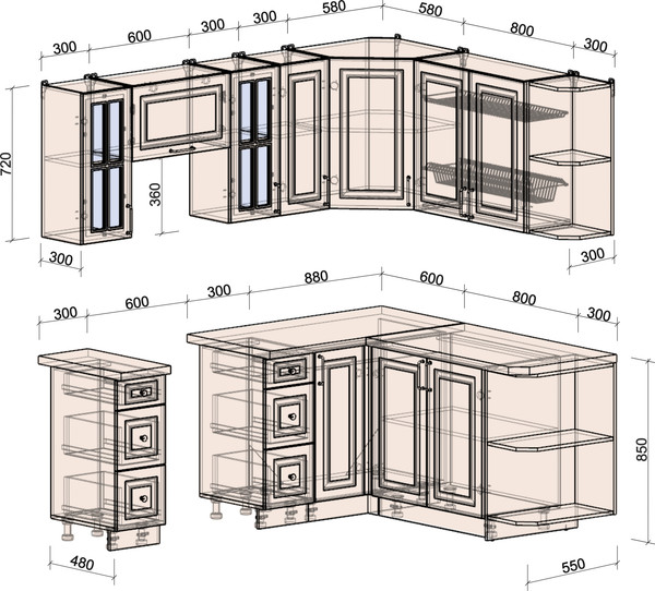 Изображение товара Кухонный гарнитур Интерлиния Мила Шато 1.7x2.1 PR (белый/керамика/опал светлый)
