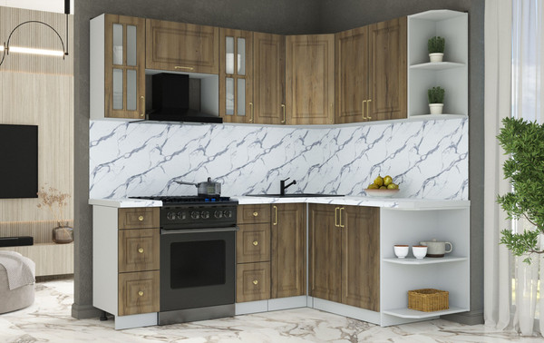 Изображение товара Кухонный гарнитур Интерлиния Мила Шато 1.7x2.1 PR (дуб вотан/дуб вотан/белый гранит)