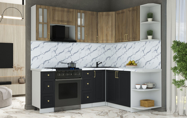 Изображение товара Кухонный гарнитур Интерлиния Мила Шато 1.7x2.1 PR (дуб вотан/черный/белый гранит)
