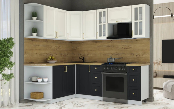 Изображение товара Кухонный гарнитур Интерлиния Мила Шато 1.7x2.2 LV (белый/черный/дуб бунратти)