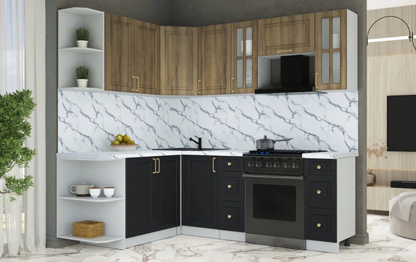 Изображение товара Кухонный гарнитур Интерлиния Мила Шато 1.7x2.2 LV (дуб вотан/черный/белый гранит)