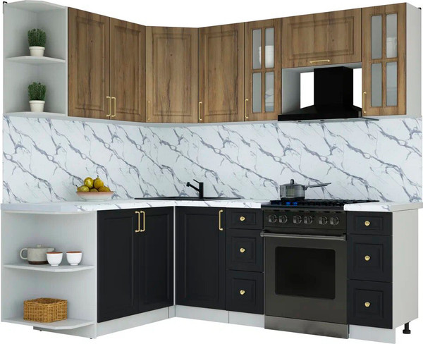 Изображение товара Кухонный гарнитур Интерлиния Мила Шато 1.7x2.2 LV (дуб вотан/черный/белый гранит)