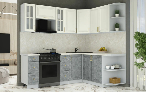 Изображение товара Кухонный гарнитур Интерлиния Мила Шато 1.7x2.2 PR (белый/керамика/опал светлый)