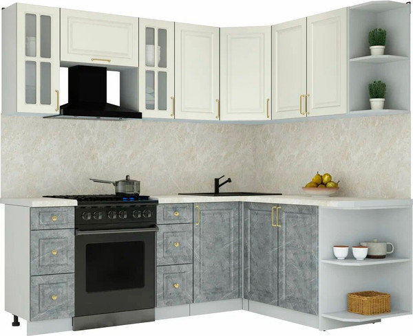 Изображение товара Кухонный гарнитур Интерлиния Мила Шато 1.7x2.2 PR (белый/керамика/опал светлый)