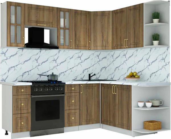 Изображение товара Кухонный гарнитур Интерлиния Мила Шато 1.7x2.2 PR (дуб вотан/дуб вотан/белый гранит)