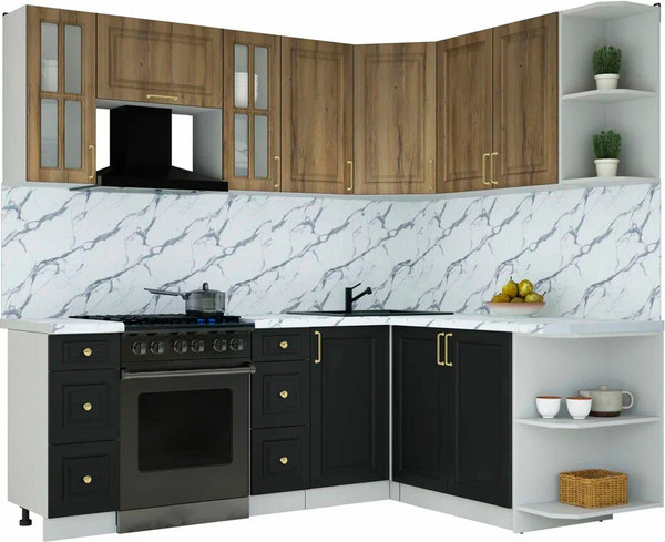 Изображение товара Кухонный гарнитур Интерлиния Мила Шато 1.7x2.2 PR (дуб вотан/черный/белый гранит)